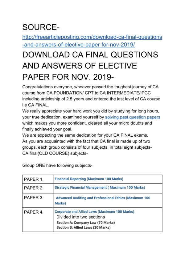 DOWNLOAD CA FINAL QUESTIONS AND ANSWERS OF ELECTIVE PAPER FOR NOV. 2019-