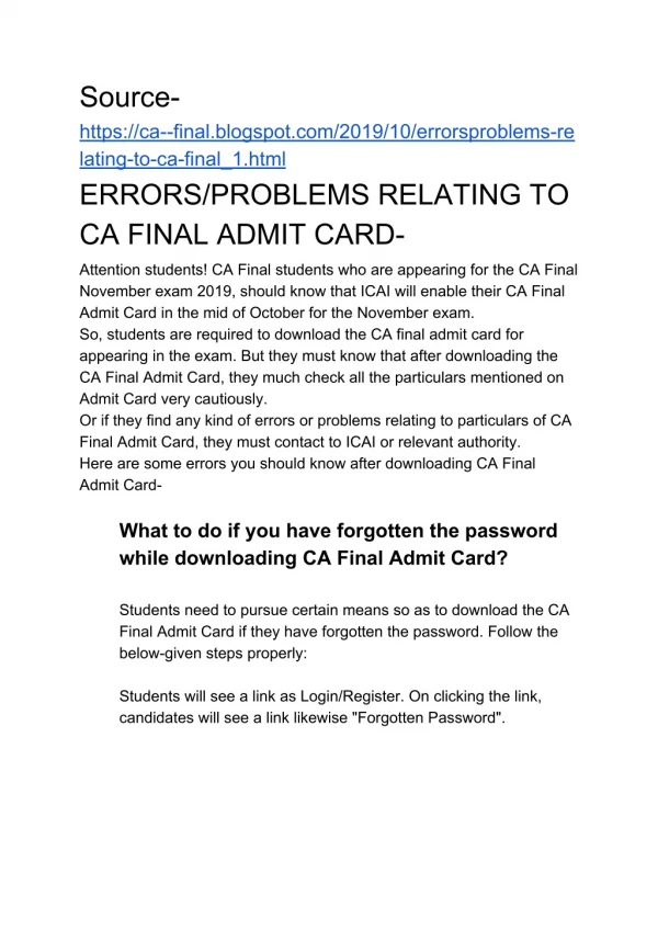 ERRORS/PROBLEMS RELATING TO CA FINAL ADMIT CARD-