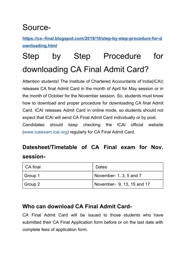 Step by Step Procedure for downloading CA Final Admit Card?