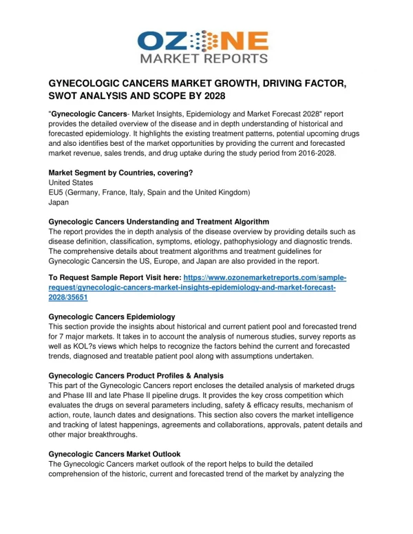 GYNECOLOGIC CANCERS MARKET GROWTH, DRIVING FACTOR, SWOT ANALYSIS AND SCOPE BY 2028