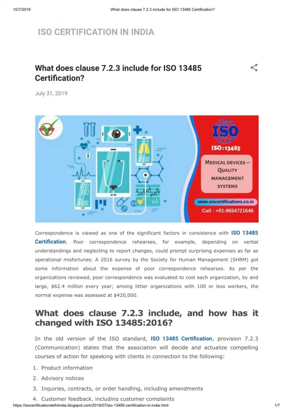 What does clause 7.2.3 include for ISO 13485 Certification?