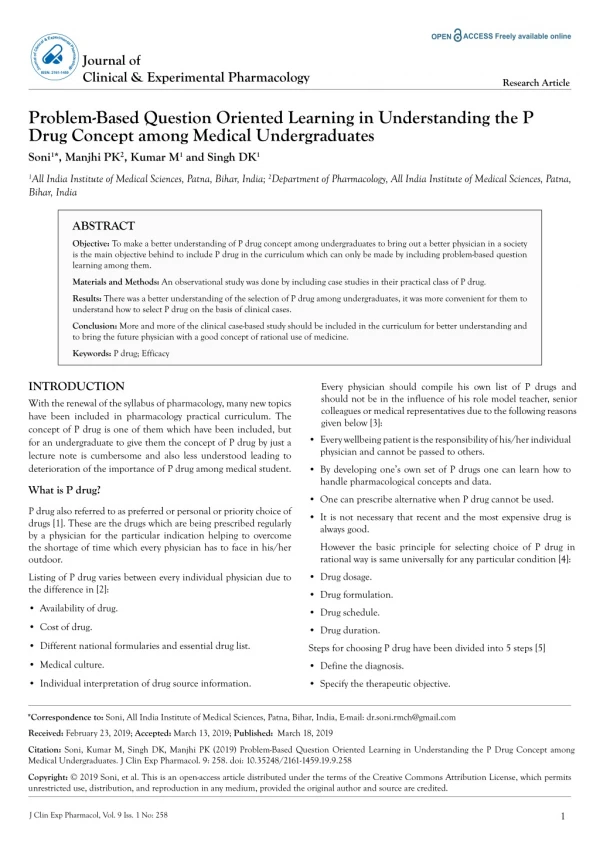 Problem-Based Question Oriented Learning in Understanding the P Drug Concept among Medical Undergraduates