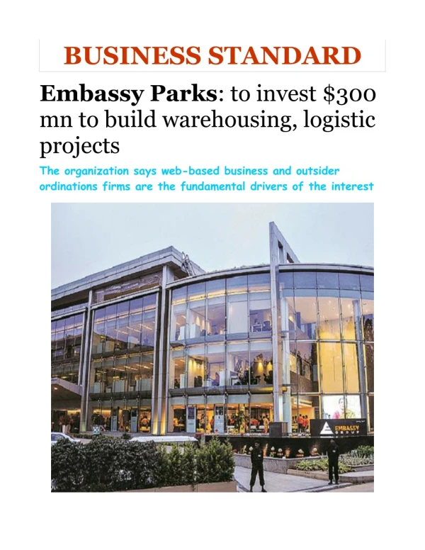Embassy parks to invest $300 mn to build warehousing, logistic projects