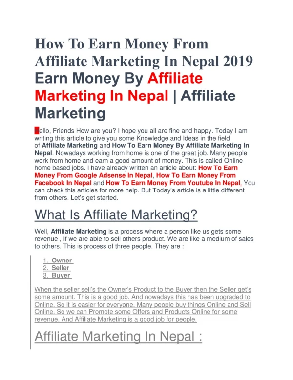 How To Earn Money From Affiliate Marketing In Nepal 2019