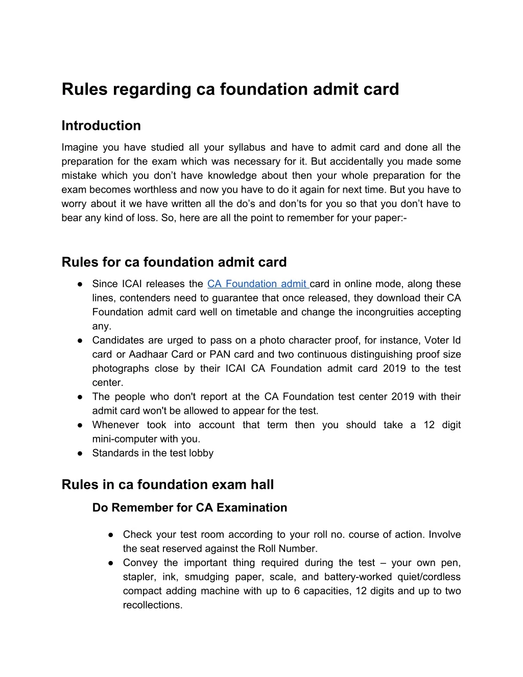 rules regarding ca foundation admit card