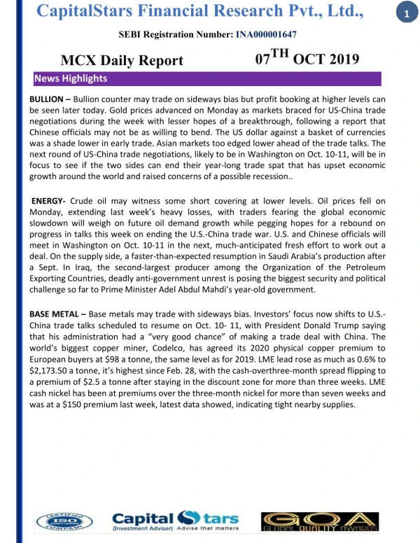 Mcx Daily Report 07 Oct 2019