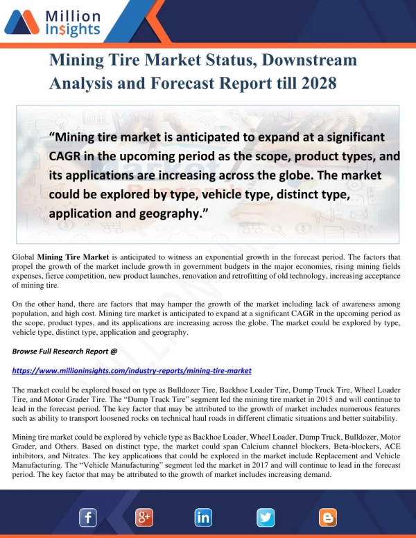 Mining Tire Market Status, Downstream Analysis and Forecast Report till 2028