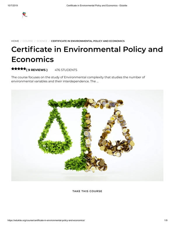 Certificate in Environmental Policy and Economics - Edukite