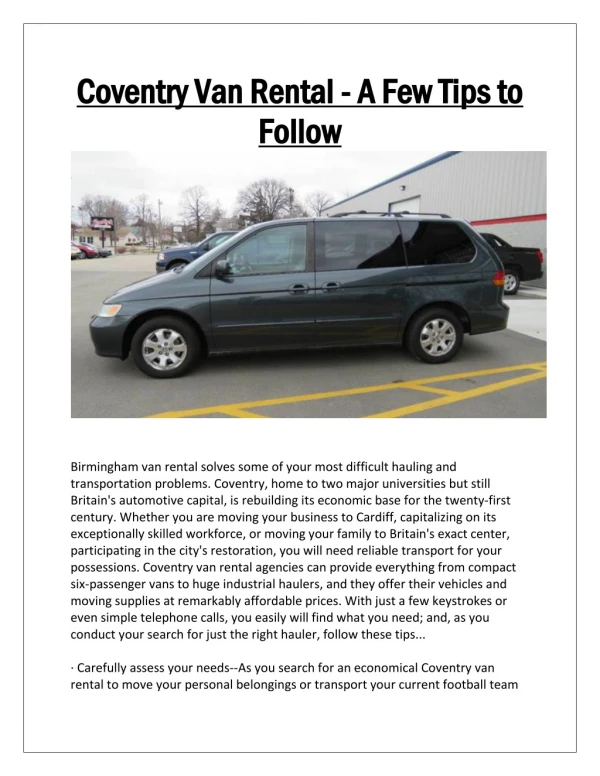 Coventry Van Rental - A Few Tips to Follow