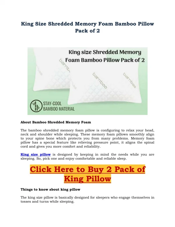King Size Shredded Memory Foam Bamboo Pillow Pack of 2