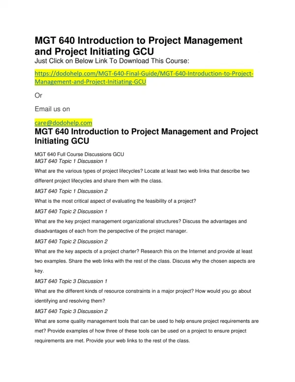 MGT 640 Introduction to Project Management and Project Initiating GCU