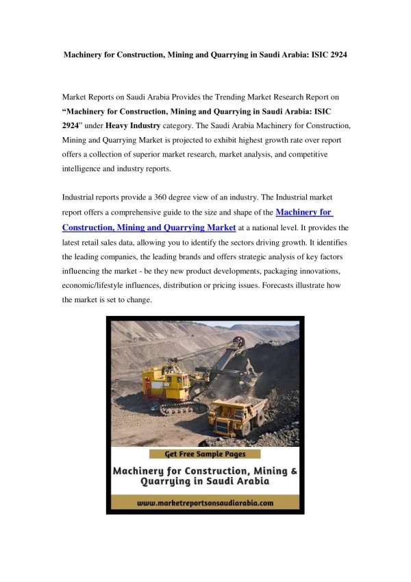 Saudi Arabia Machinery for Construction, Mining and Quarrying Market Opportunity and Forecast Till 2023