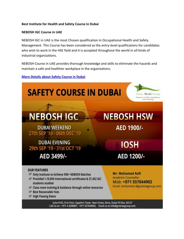 Best Institute for Health and Safety Course in Dubai