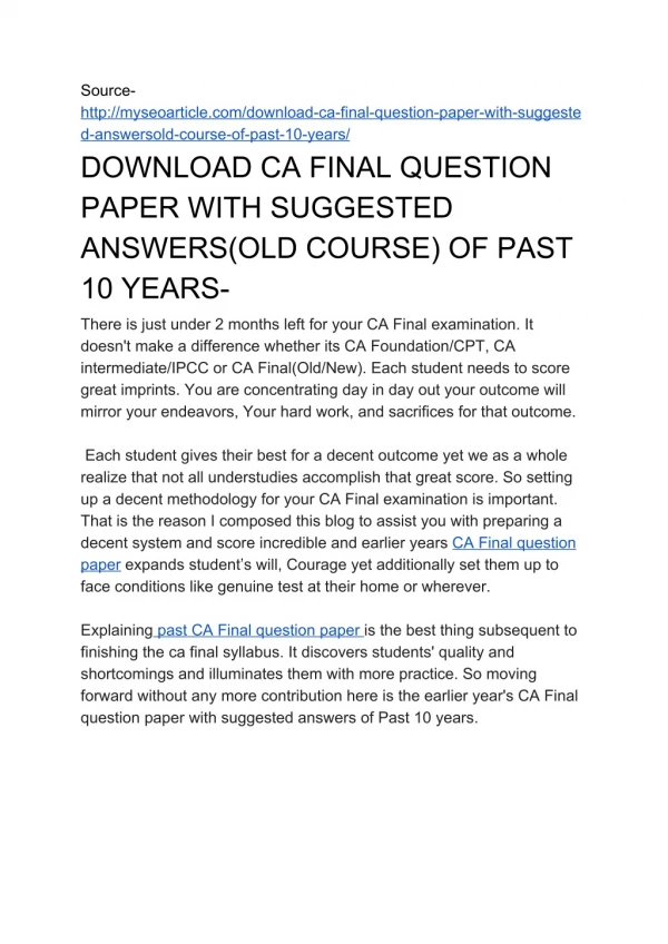 DOWNLOAD CA FINAL QUESTION PAPER WITH SUGGESTED ANSWERS(OLD COURSE) OF PAST 10 YEARS-
