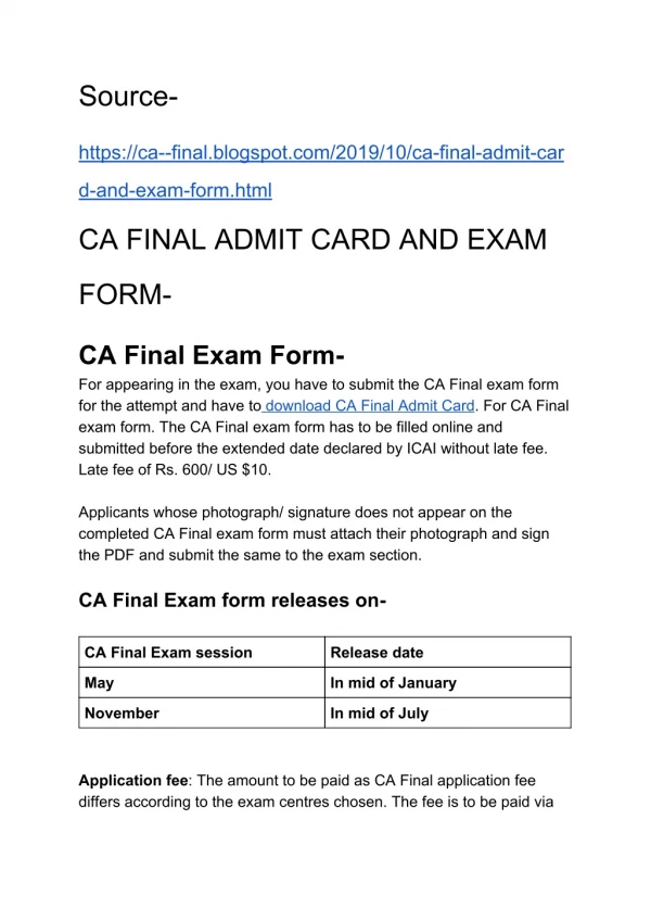 CA FINAL ADMIT CARD AND EXAM FORM-