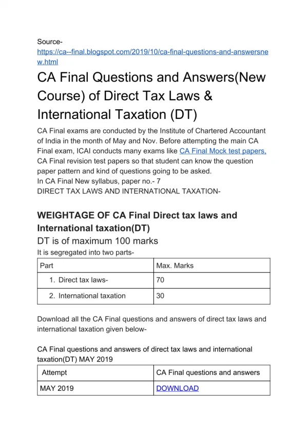 CA Final Questions and Answers(New Course) of Direct Tax Laws & International Taxation (DT)