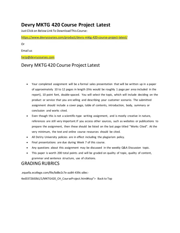 Devry MKTG 420 Course Project Latest