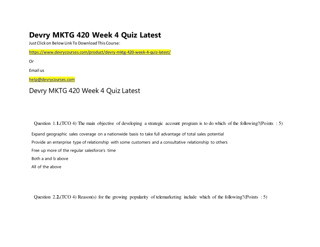 devry mktg 420 week 4 quiz latest just click