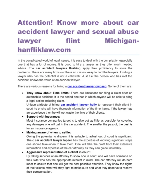Attention! Know more about car accident lawyer and sexual abuse lawyer flint Michigan hanfliklaw.com