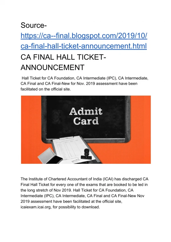 CA FINAL HALL TICKET- ANNOUNCEMENT