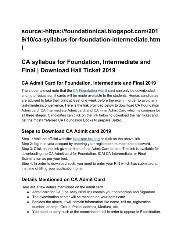 CA syllabus for Foundation, Intermediate and Final | Download Hall Ticket 2019