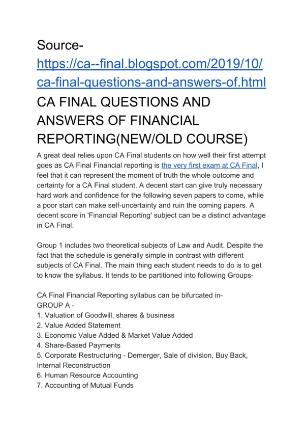 CA FINAL QUESTIONS AND ANSWERS OF FINANCIAL REPORTING(NEW/OLD COURSE)