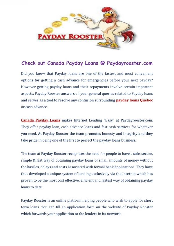 Canada Payday Loans - Paydayrooster.com