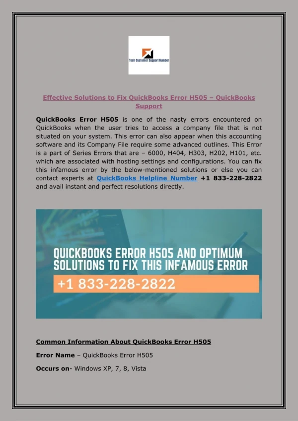 QuickBooks Error H505 - Fixed | 1 833-228-2822 | QuickBooks Support