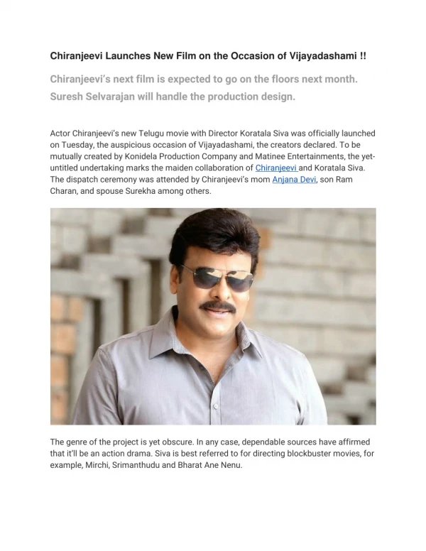 Chiranjeevi Launches New Film on the Occasion of Vijayadashami