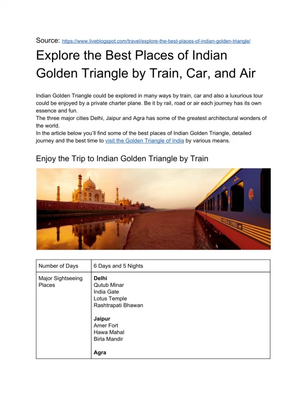 Explore the Best Places of Indian Golden Triangle by Train, Car, Air