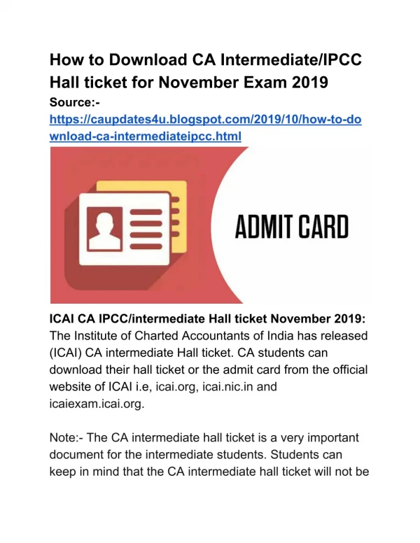 How to Download CA Intermediate/IPCC Hall ticket for November Exam 2019