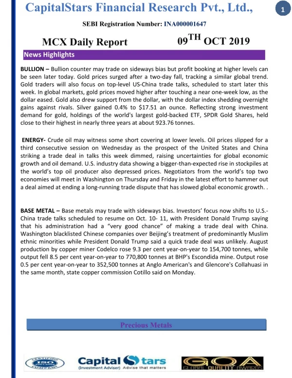 Mcx Daily Report 09 Oct 2019