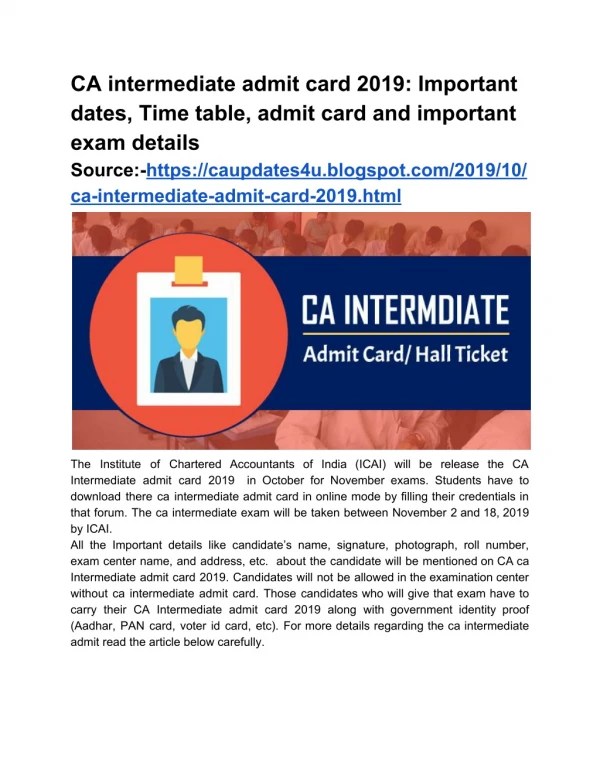 CA intermediate admit card 2019: Important dates, Time table, admit card and important exam details