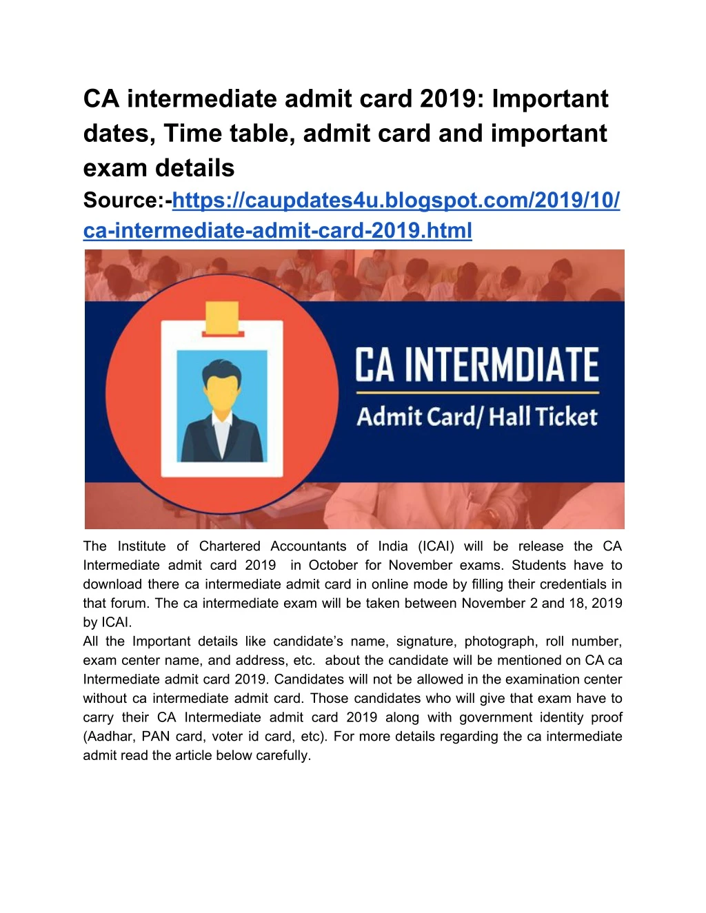 ca intermediate admit card 2019 important dates