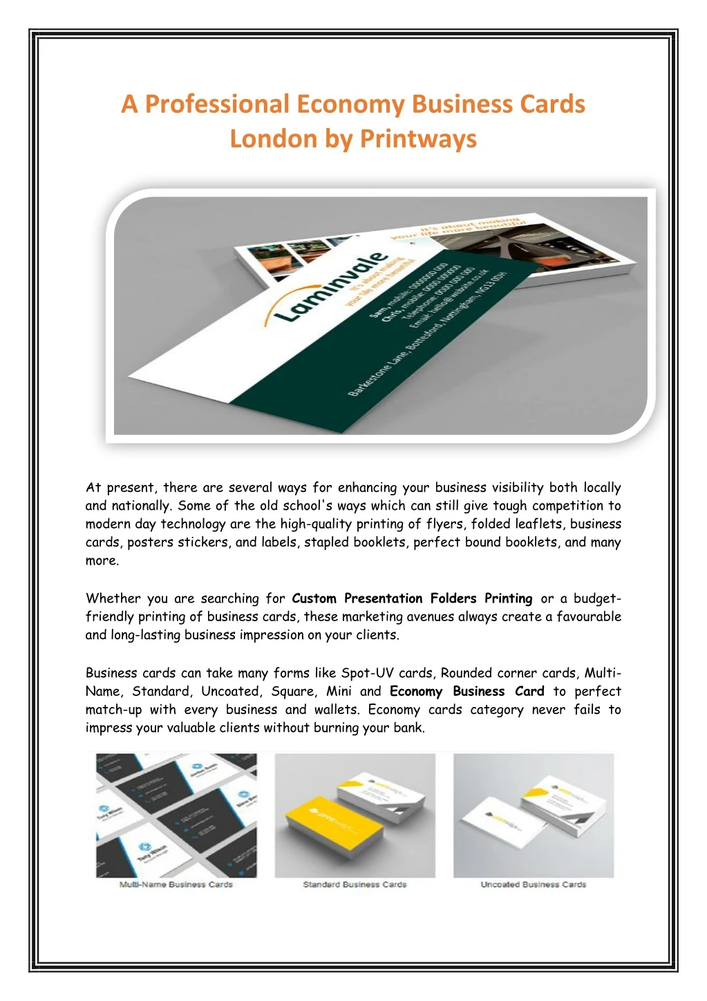 a professional economy business cards london
