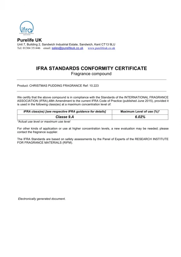 IFRA Certificate CHRISTMAS PUDDING FRAGRANCE 10.223