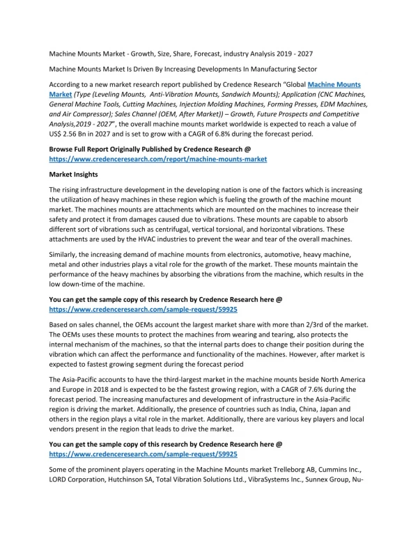 Machine Mounts Market Is Driven By Increasing Developments In Manufacturing Sector