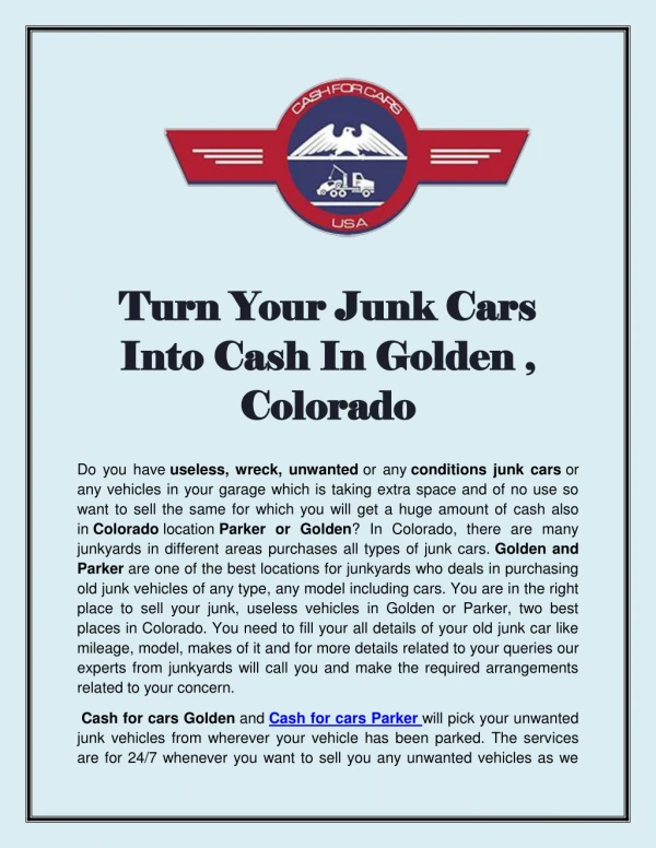 Turn Your Junk Cars Into Cash In Golden , Colorado