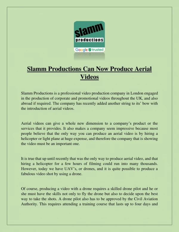 Slamm Productions Can Now Produce Aerial Videos