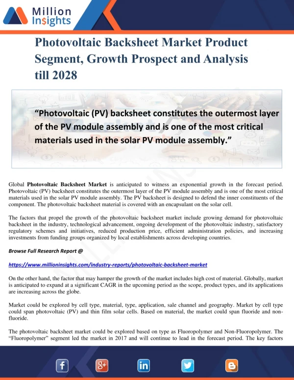 Photovoltaic Backsheet Market Product Segment, Growth Prospect and Analysis till 2028