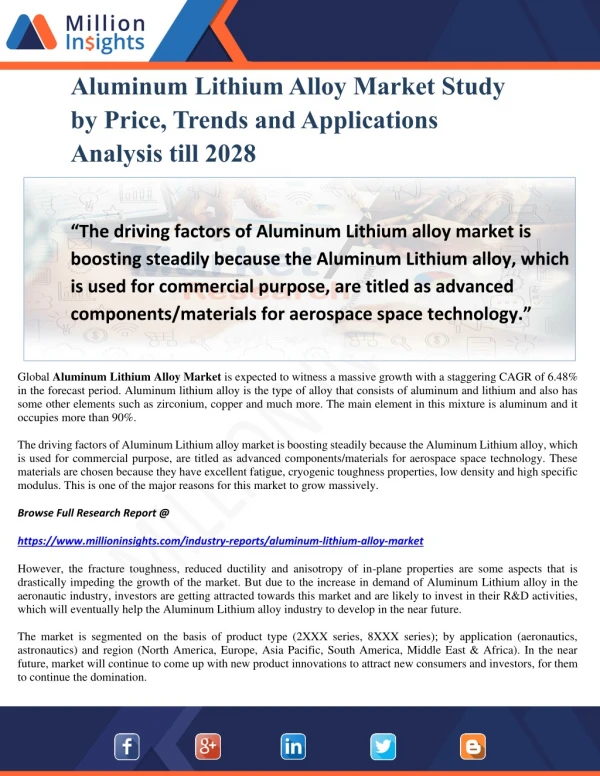 Aluminum Lithium Alloy Market Study by Price, Trends and Applications Analysis till 2028
