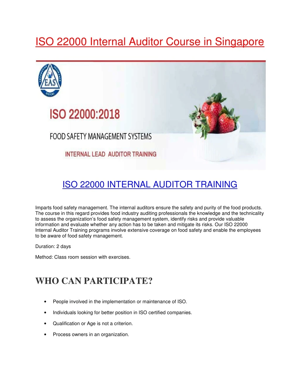 iso 22000 internal auditor course in singapore