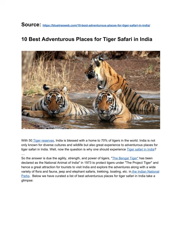 10 Best Adventurous Places for Tiger Safari in India