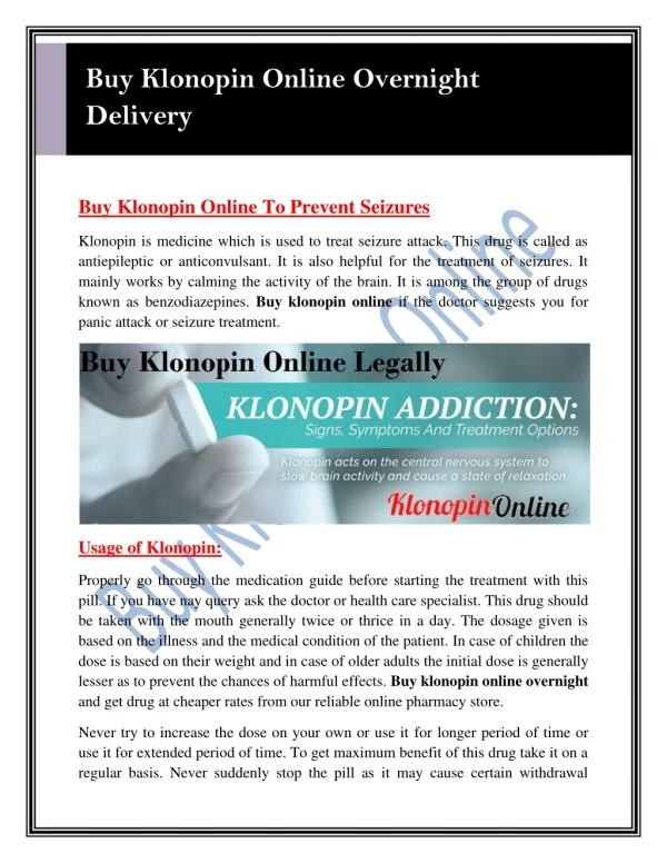 Buy Klonopin Online Overnight Delivery :- KlonopinOnline.Net