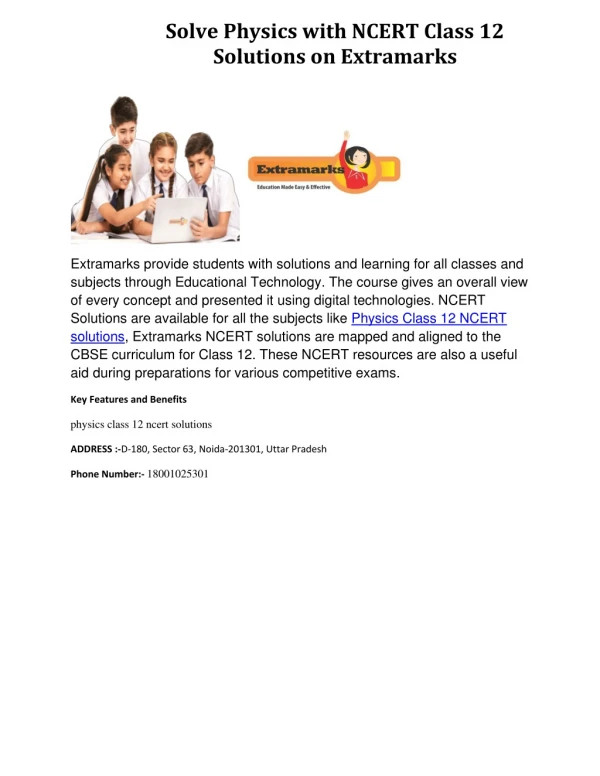 Solve Physics with NCERT Class 12 Solutions on Extramarks