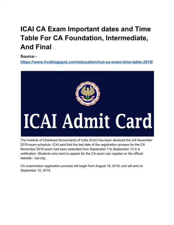 ICAI CA Exam Important dates and Time Table For CA Foundation, Intermediate, And Final