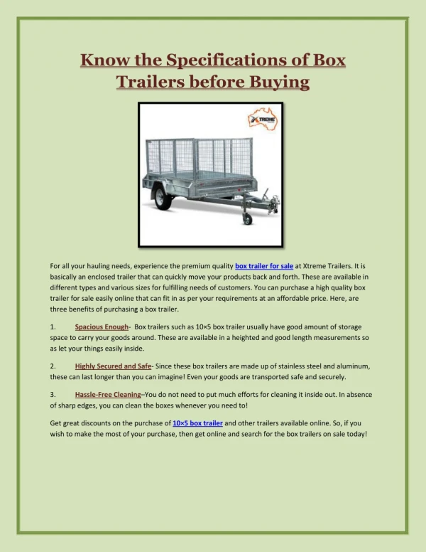 Know the Specifications of Box Trailers before Buying