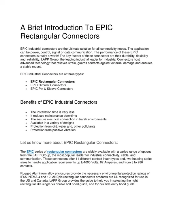 A Brief Introduction To EPIC Rectangular Connectors