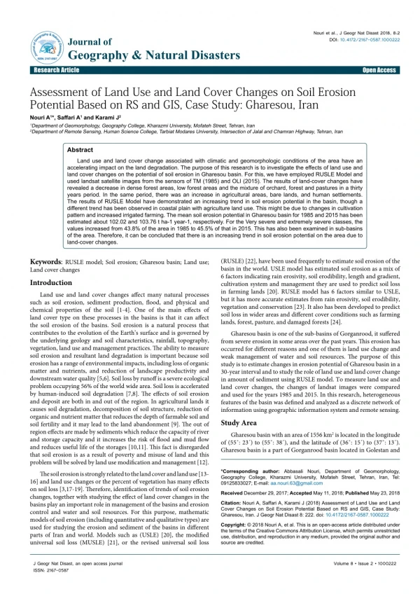 Assessment of Land Use and Land Cover Changes on Soil Erosion Potential Based on RS and GIS, Case Study: Gharesou, Iran