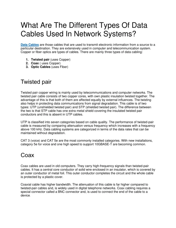 What Are The Different Types Of Data Cables Used In Network Systems?